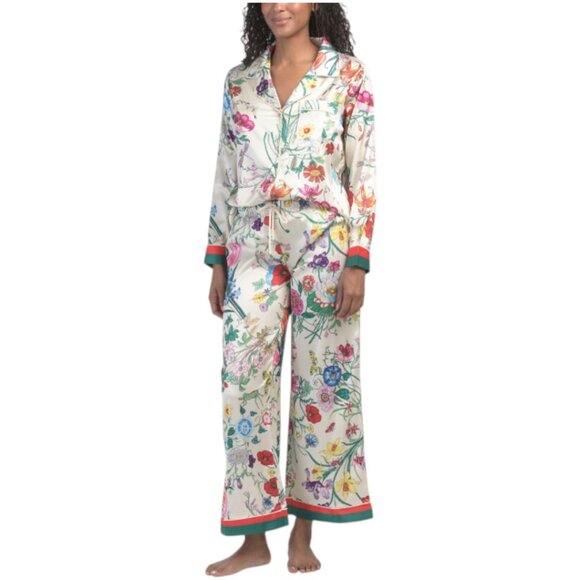 Dalia Macphee Other - DALIA MACPHEE 2pc Satin Floral Pajama Set With Contrast Trim